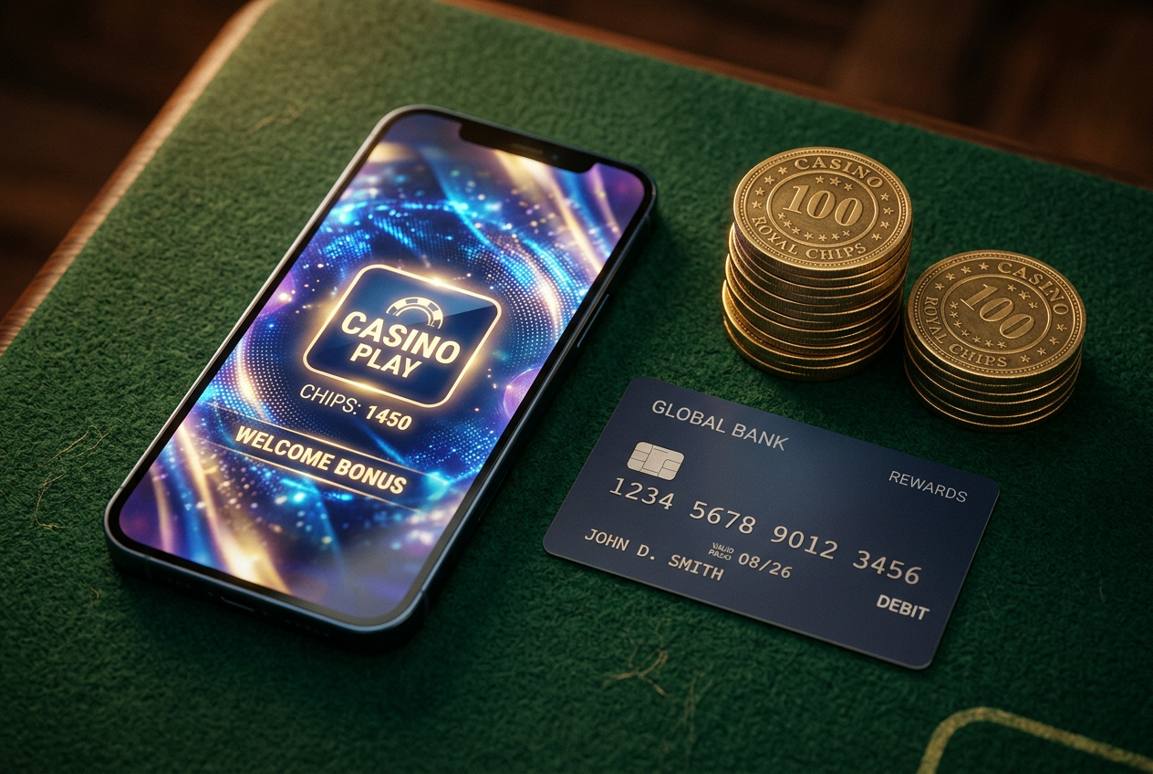 Detailní záběr na smartphone a neoznačenou platební kartu na pozadí kasinových žetonů